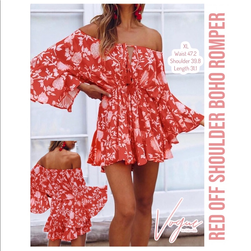Red Off Shoulder Boho Romper